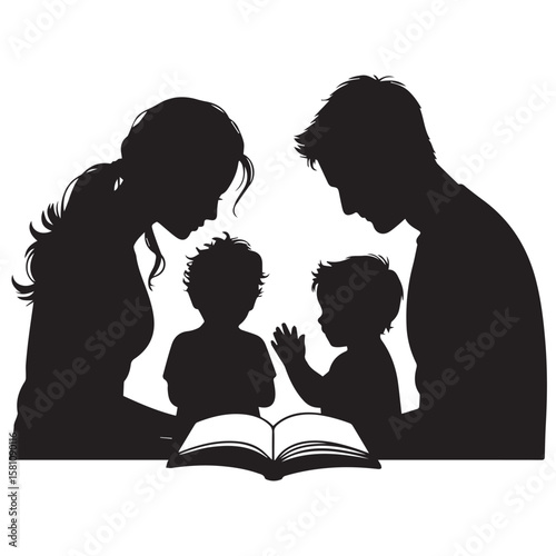 Silhouette of a family with parents reading a book to their two young children on a white background