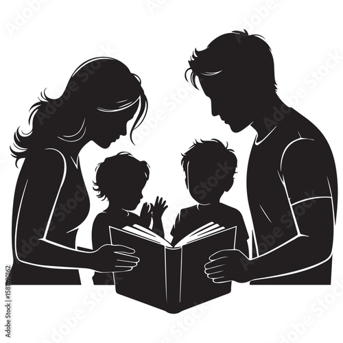 Silhouette of a loving family mother father and two children reading a book together on a white background