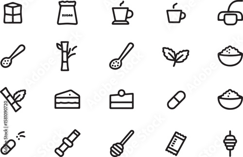 Collection of hand drawn line art icons representing sugar sweets and related items on a transparent background