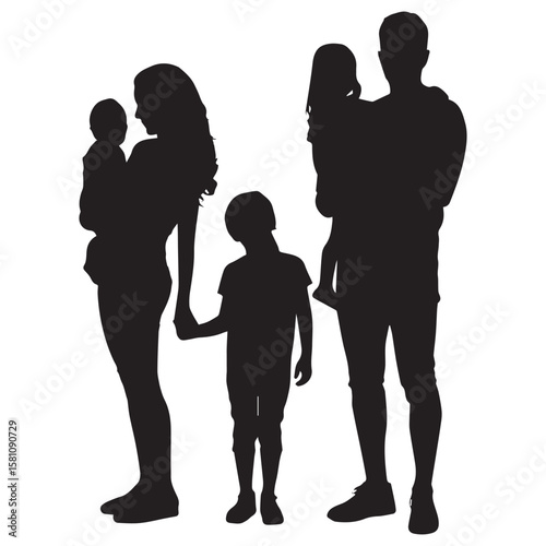Silhouette of a loving family with two children a baby held by the mother and a boy holding his father s hand