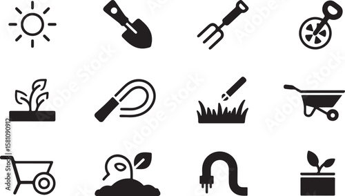 Collection of twelve black and transparent silhouette icons representing gardening tools and plants on a transparent background