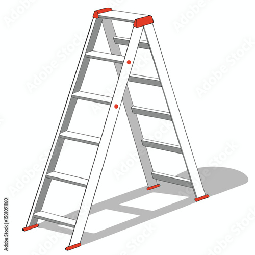 Vector art of a white aframe step ladder with orange accents, casting a shadow on a white background