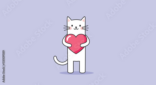 Charming White Cat Holding a Pink Heart with Affectionate Smile Expressing Love and Care