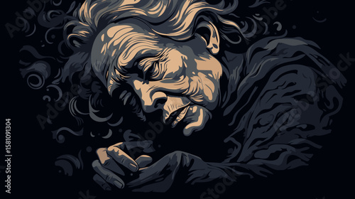 An old woman in a state of depression and anxiety. Dementia.
