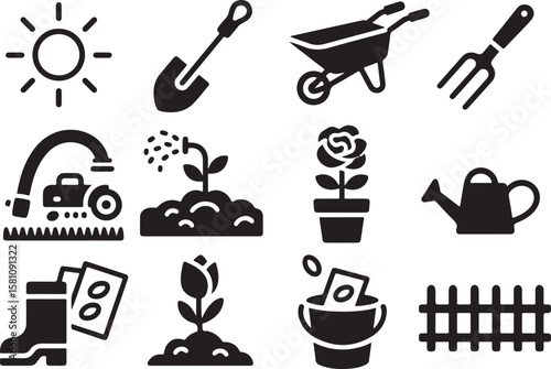 Collection of gardening icons including sun shovel wheelbarrow fork watering can boots plants and fence isolated on transparent background