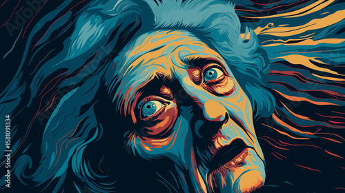 An old woman in a state of depression and anxiety. Dementia.