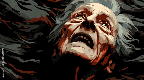 An old woman in a state of depression and anxiety. Dementia.