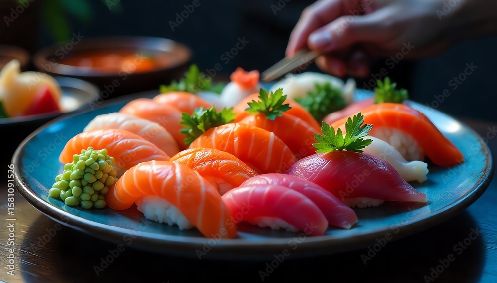 Fresh salmon sushi with green salad, a healthy and delicious Japanese seafood meal in 4k Fresh salmon sushi with green salad, a healthy and delicious Japanese seafood meal in 4k