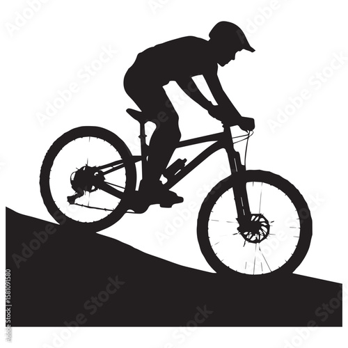 Silhouette of a mountain biker riding downhill on a trail with a white background and black foreground