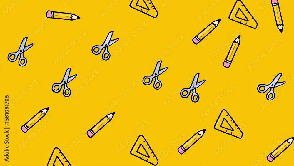 Obraz premium Cheerful yellow background with hand-drawn pencils, scissors, and rulers