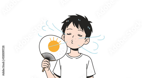 Young man enjoying a refreshing breeze on a hot summer day fanning himself to beat the heat