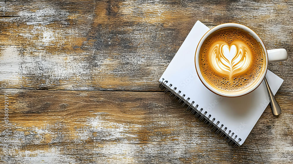 A cappuccino with latte art in a white mug sits on a rustic wooden table next to a spiral notebook. A cappuccino with latte art in a white mug sits on a rustic wooden table next to a spiral notebook.