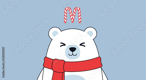 Adorable Polar Bear Enjoys Festive Candy Canes Wearing a Cozy Red Scarf on a Winter Day