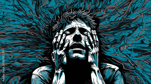 Abstract portrait of a young man suffering from depression and loneliness in vector line art style.