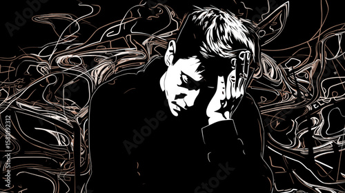 Abstract portrait of a young man suffering from depression and loneliness in vector line art style.