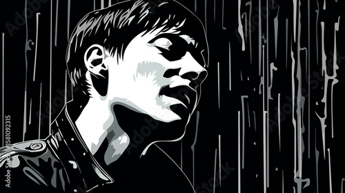 Abstract portrait of a young man suffering from depression and loneliness in vector line art style.
