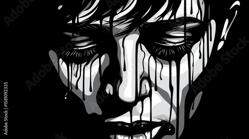 Abstract portrait of a young man suffering from depression and loneliness in vector line art style.