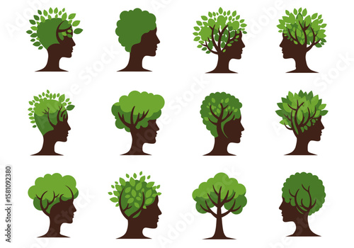 Collection of Human Head Silhouettes with Tree and Leaf Hair Designs.