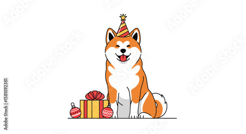 Happy Birthday Akita Dog Wearing Party Hat with Presents and Decorations Celebrating a Special Occasion
