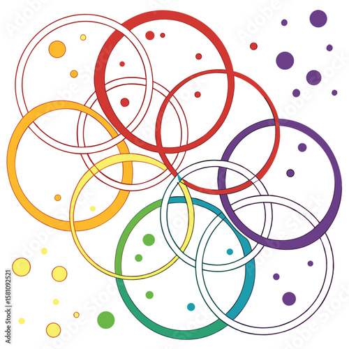 Abstract Circle of Colors: An artistic arrangement of overlapping rings and dispersed dots in a vibrant spectrum of colors, creating a dynamic visual experience and harmonious composition.