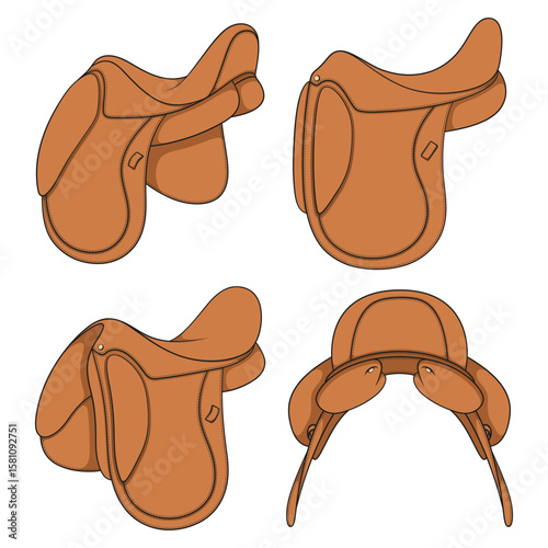 Set of color illustrations with horse saddle. Isolated vector objects on white background.