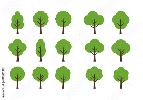 Collection of stylized green trees with brown trunks various shapes and sizes.