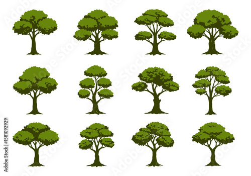 Collection of Stylized Green Trees with Varied Branching and Foliage Patterns.