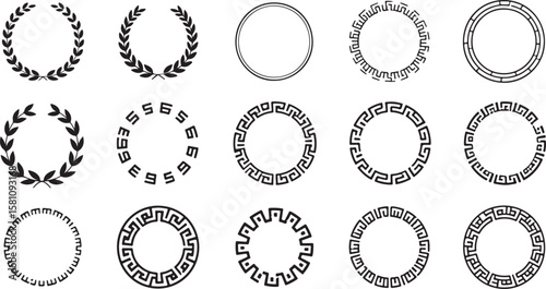 Collection of decorative circular frames including laurel wreaths and greek key designs