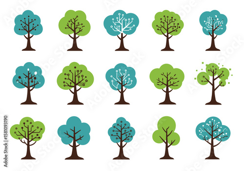 Collection of Stylized Trees with Circuit Board Designs in Green and Blue.