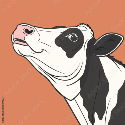 Vector art of a curious cow looking up with a happy expression, a charming farm animal