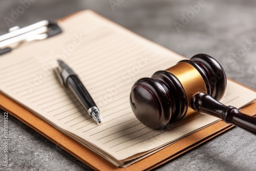 Healthcare Fraud Legal System concept. Legal gavel rests on a clipboard beside a pen and notepad, symbolizing justice and law.