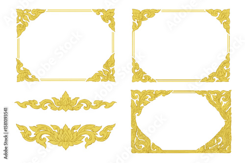 A collection of vintage decorative frames and borders is available, featuring a gold photo frame with a Thai-inspired floral pattern in the corners, suitable for pictures, in a vector design style
