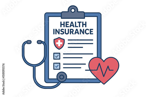 The concept of health insurance is represented by a large clipboard holding a document
