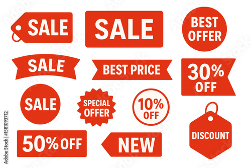 New Label collection set featuring sale tags, discount red ribbons, banners, and icons, including shopping tags and sale icons, all on a white background as a vector illustration