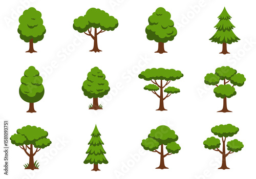 Collection of Stylized Trees with Green Foliage and Brown Trunks.