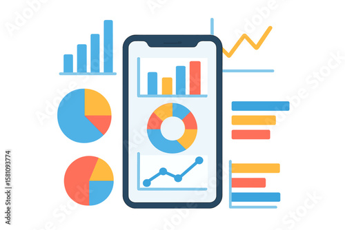 A modern smartphone is depicted in a flat vector illustration, showcasing a business graph and analytics data on an isometric mobile phone, representing analysis trends and financial strategy through