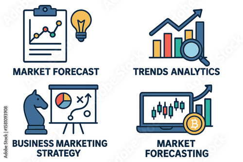 Market prediction and analysis, including trends, business marketing, and financial forecasting, along with digital banking and blockchain finance visual aids