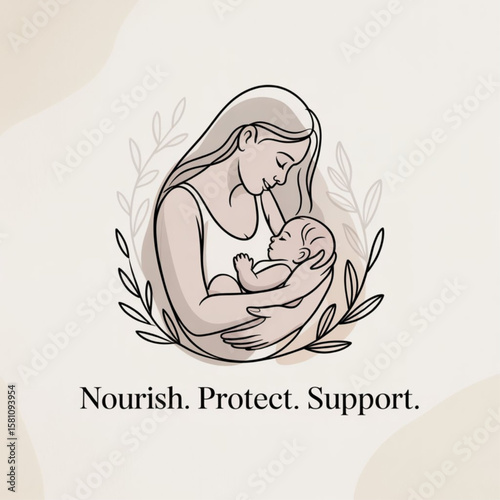 World Breastfeeding Week the mother is breastfeeding the baby. One line drawing for different uses. Vector illustration on white background.