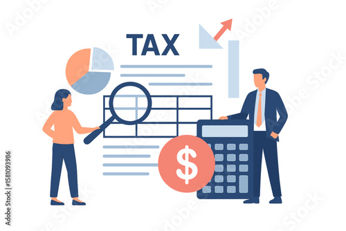The concept of tax payment encompasses data analysis, paperwork, and financial research to calculate tax returns and settle debts, including government and state taxes, as depicted in a vector