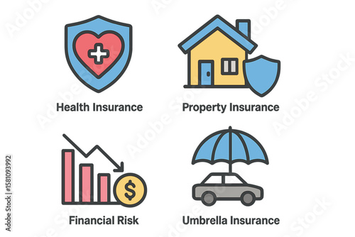 The Insurance Icons Set includes Health Insurance, Property Insurance, Financial Risk, and more, all in editable vector stroke format