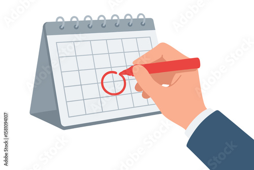 A businessman's hand is shown in close-up, holding a calendar and a red marker, illustrating the concept of marking a date