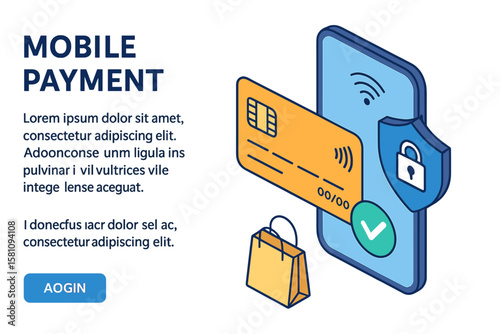 The concept of mobile payments is illustrated in an isometric banner, emphasizing security and protection for contactless transactions via mobile phone with an NFC chip
