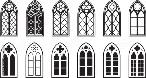 Collection of gothic arch window designs with intricate tracery and rose window elements