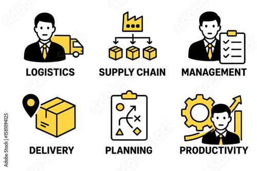 A set of infographics for logistics or management concepts featuring yellow and black colors