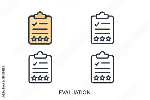 Vector illustration of evaluation icons in various styles, including filled, thin line, outline, and stroke, suitable for mobile, ui, and web applications