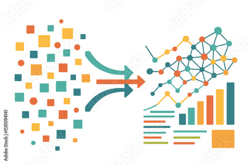 The visualization of big data information is represented through abstract and colorful vectors, which also applies to social networks and financial analysis of complex databases to clarify visual