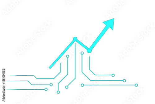A dark blue background features a business arrow pointing up, symbolizing growth, alongside a circuit technology line, representing the path to successful financial investments and profits through