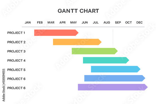 Infographic template featuring a 12-month Gantt chart timeline with 6 colorful project steps for a modern and minimal slide presentation