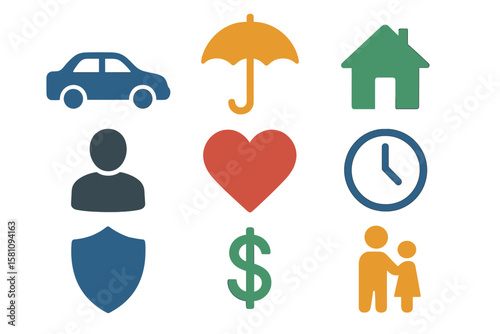 A set of web icons related to insurance, presented in a line style, is available for use in web and mobile applications, covering various types of insurance including health, life, property, car