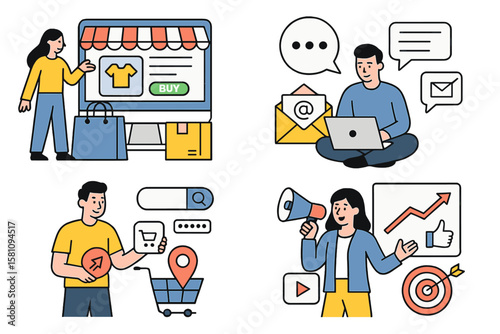 Illustrations of digital business concepts are presented in a set of flat design vectors depicting men and women engaged in online business activities